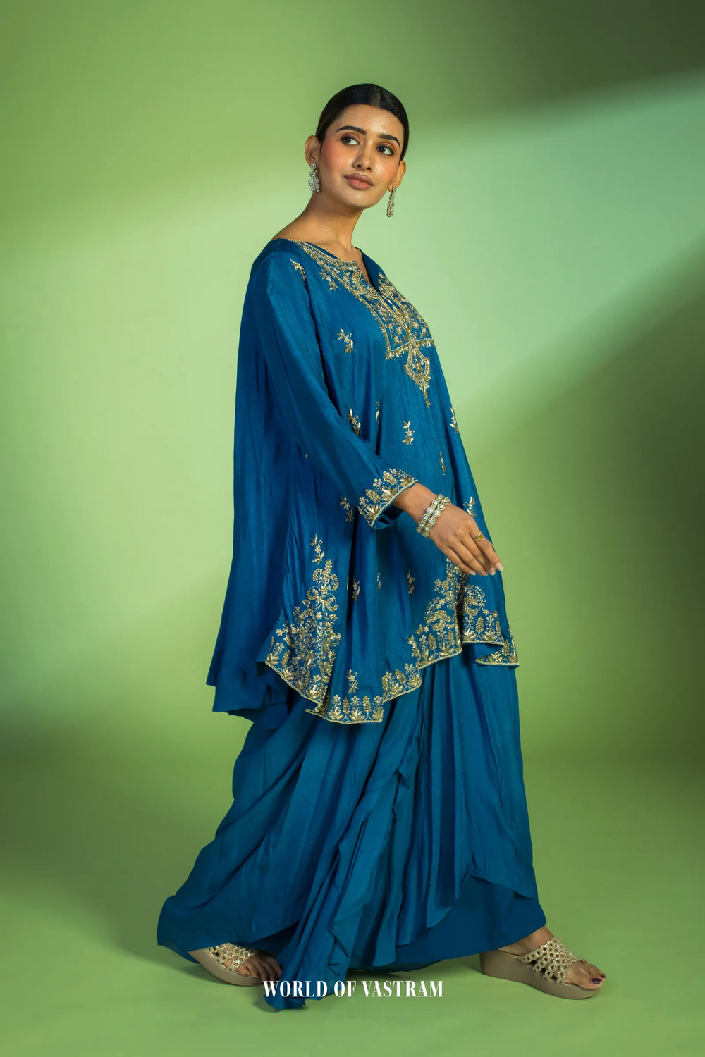 Deep Blue Flowy kurta with drape Skirt