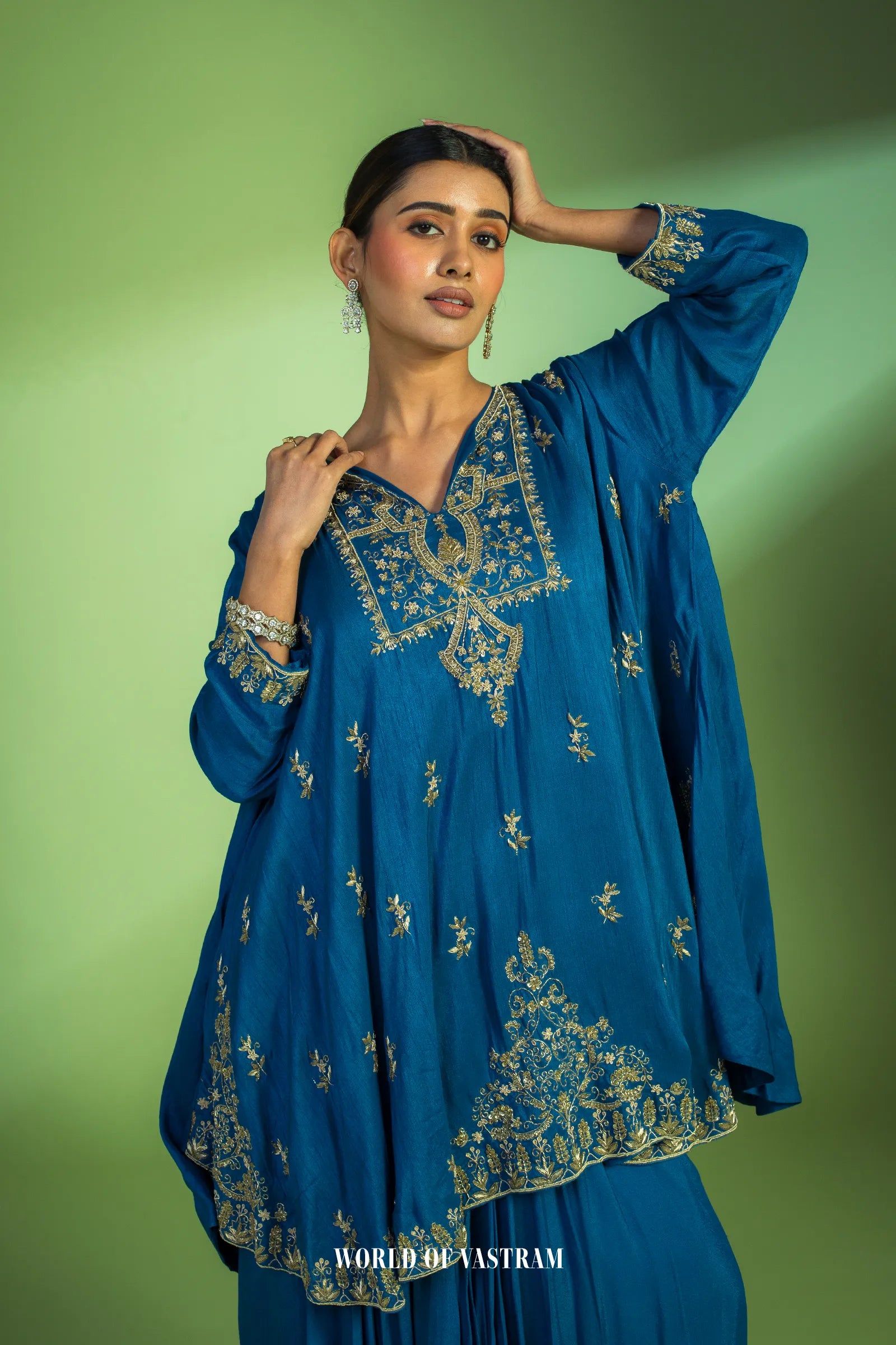 Deep Blue Flowy kurta with drape Skirt