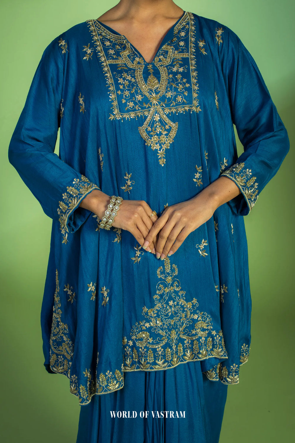 Deep Blue Flowy kurta with drape Skirt