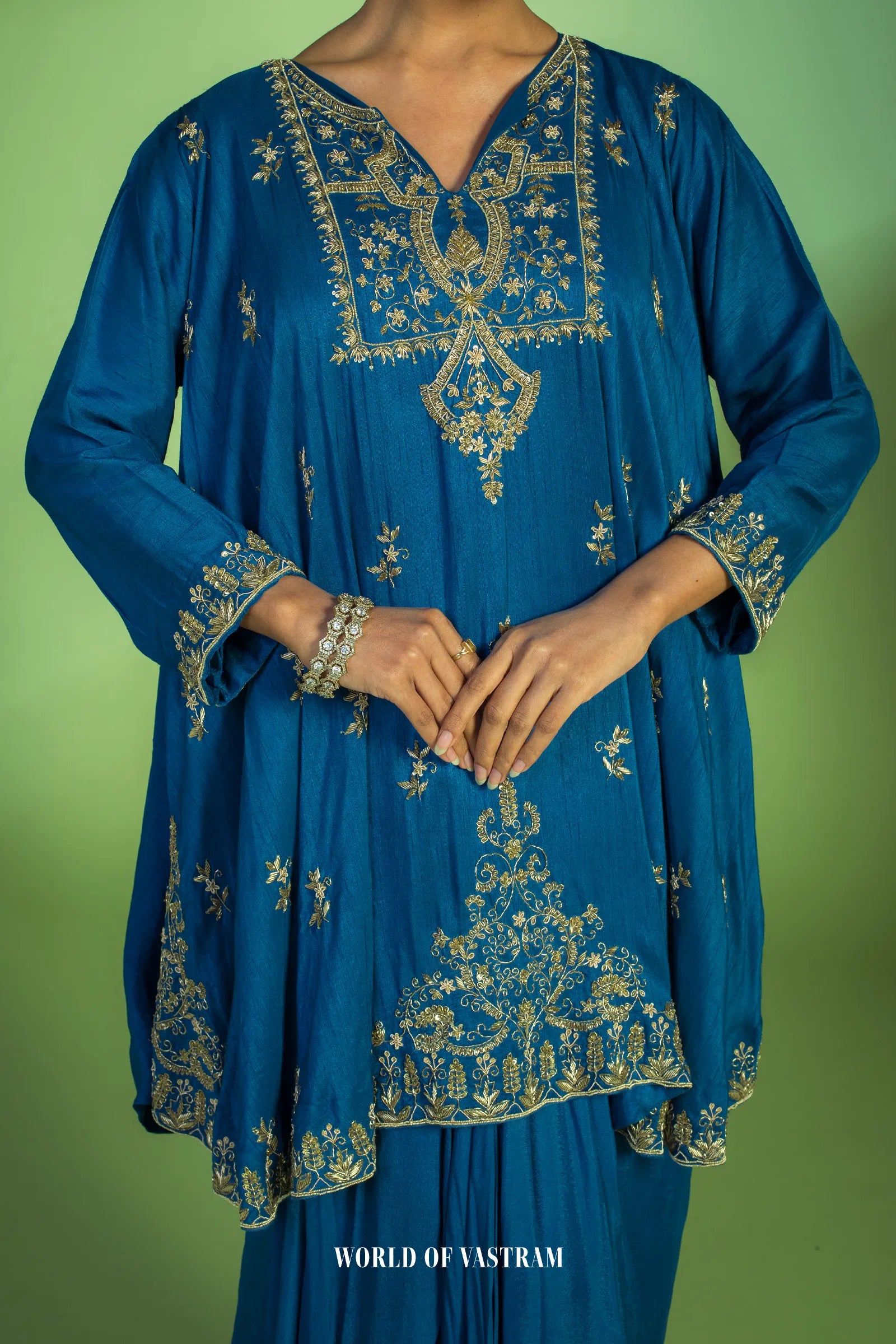 Deep Blue Flowy kurta with drape Skirt