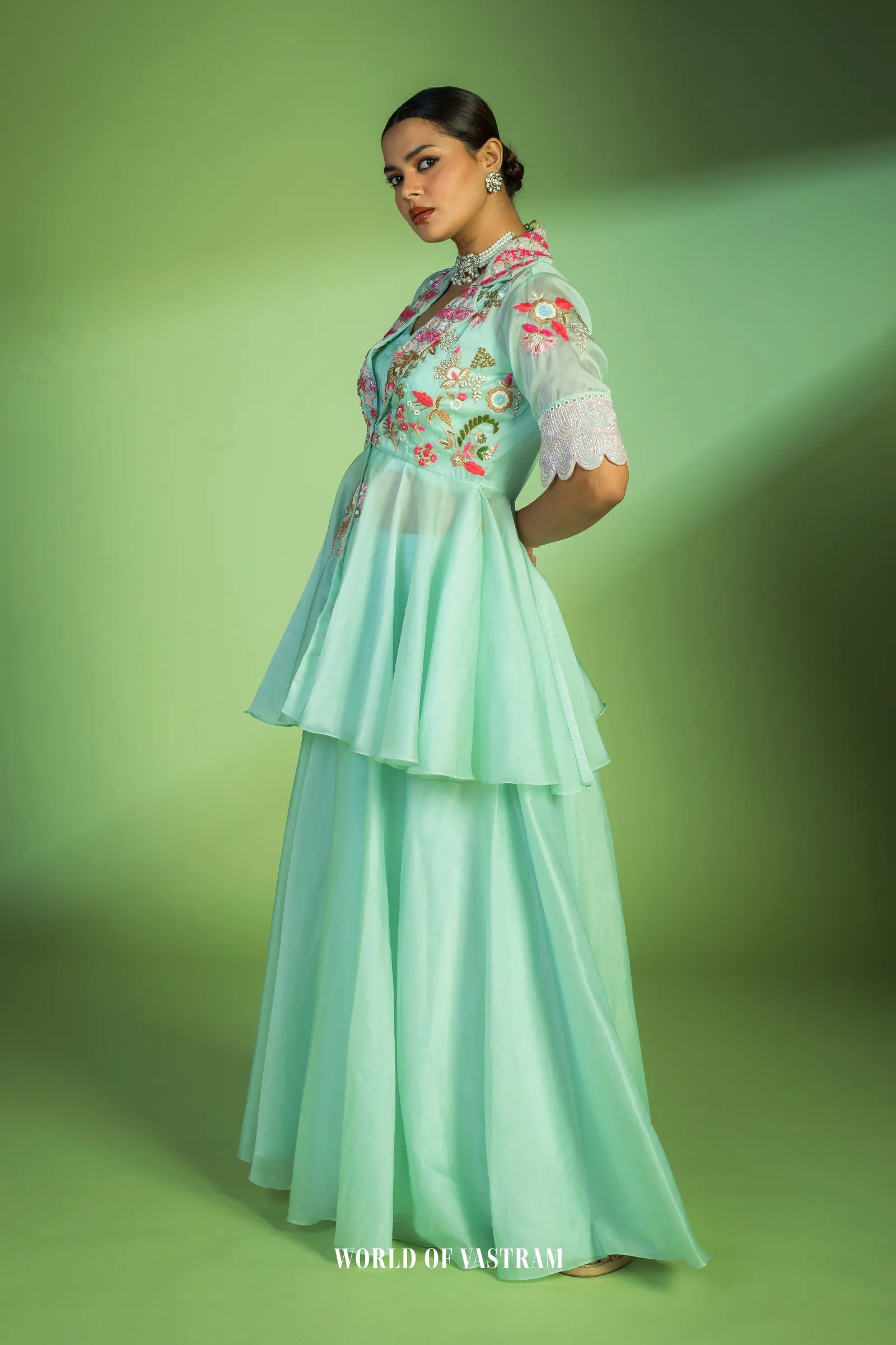 Pastel Blue Peplum Style Embroidered Dress