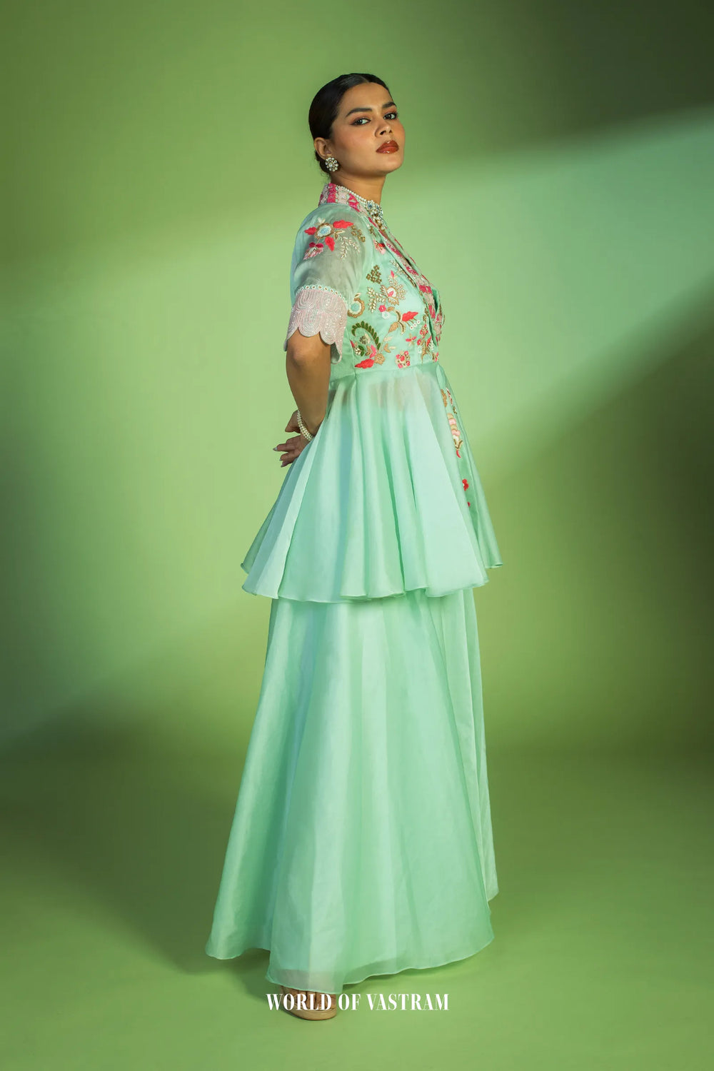Pastel Blue Peplum Style Embroidered Dress