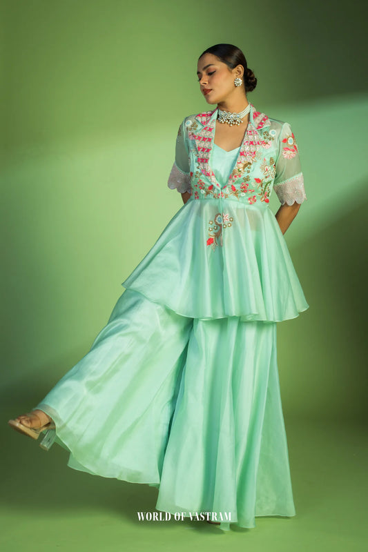 Pastel Blue Peplum Style Embroidered Dress
