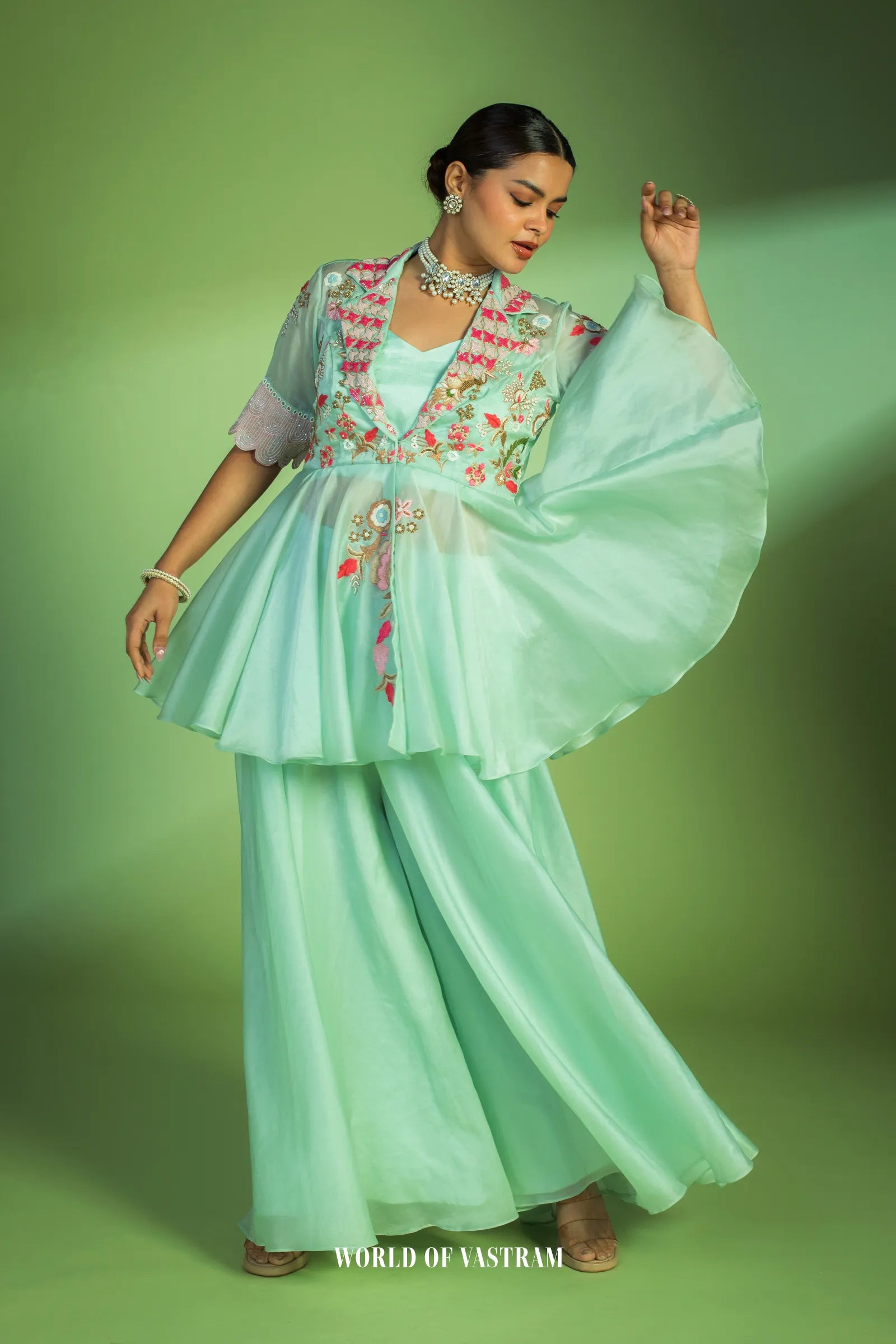 Pastel Blue Peplum Style Embroidered Dress