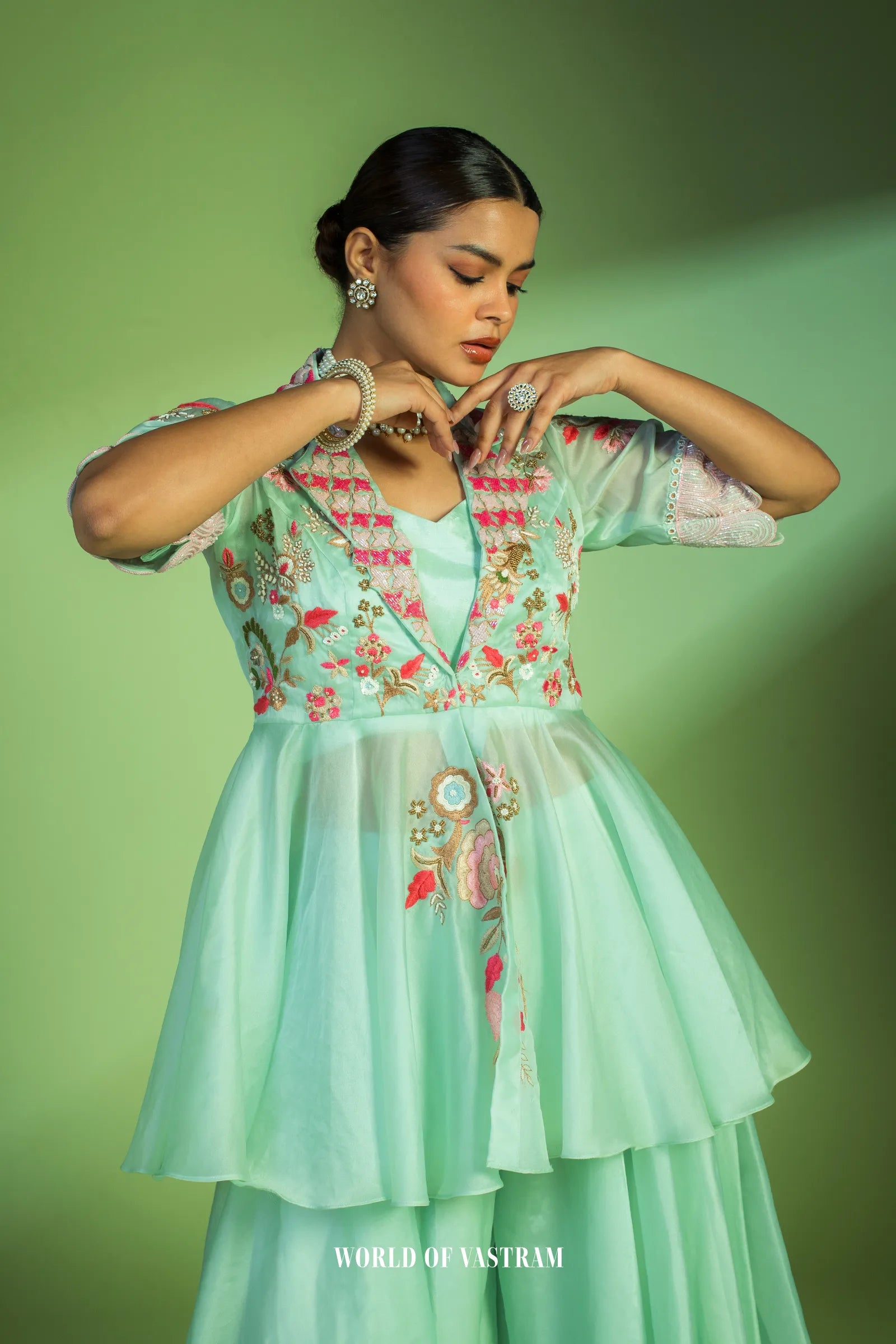 Pastel Blue Peplum Style Embroidered Dress