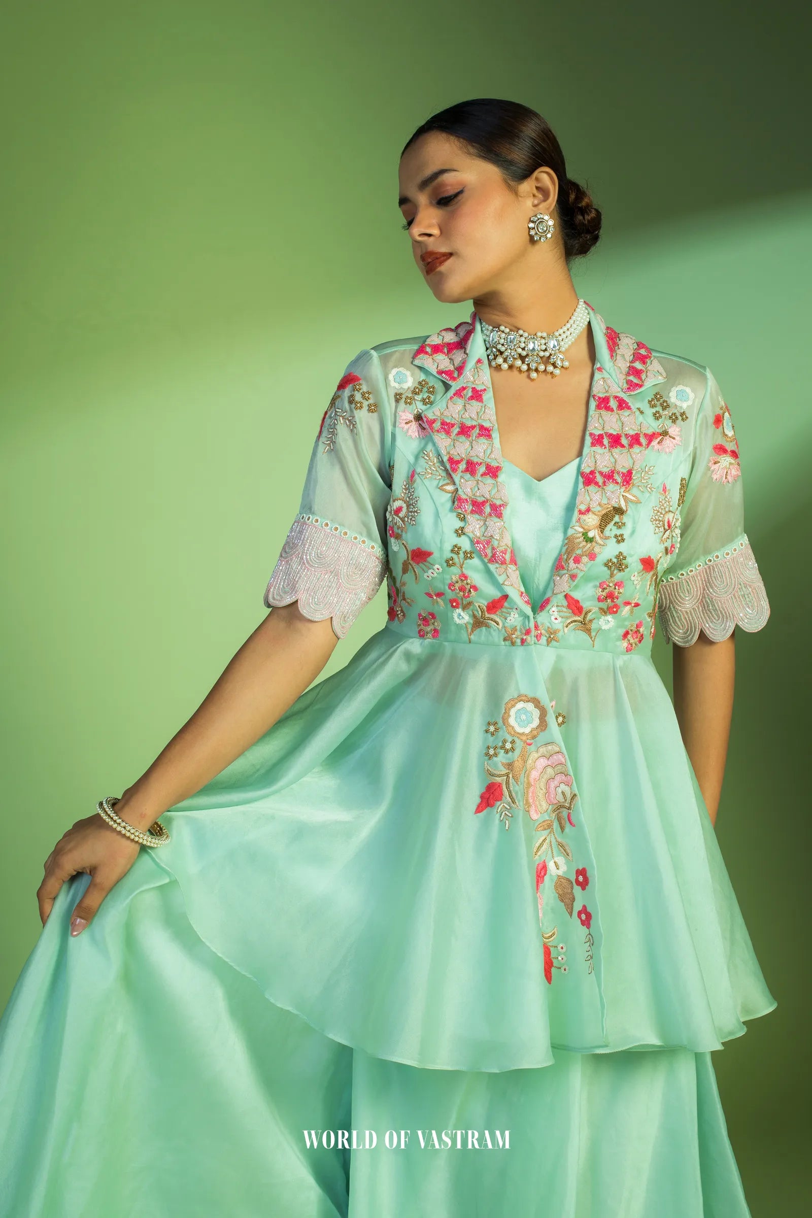Pastel Blue Peplum Style Embroidered Dress