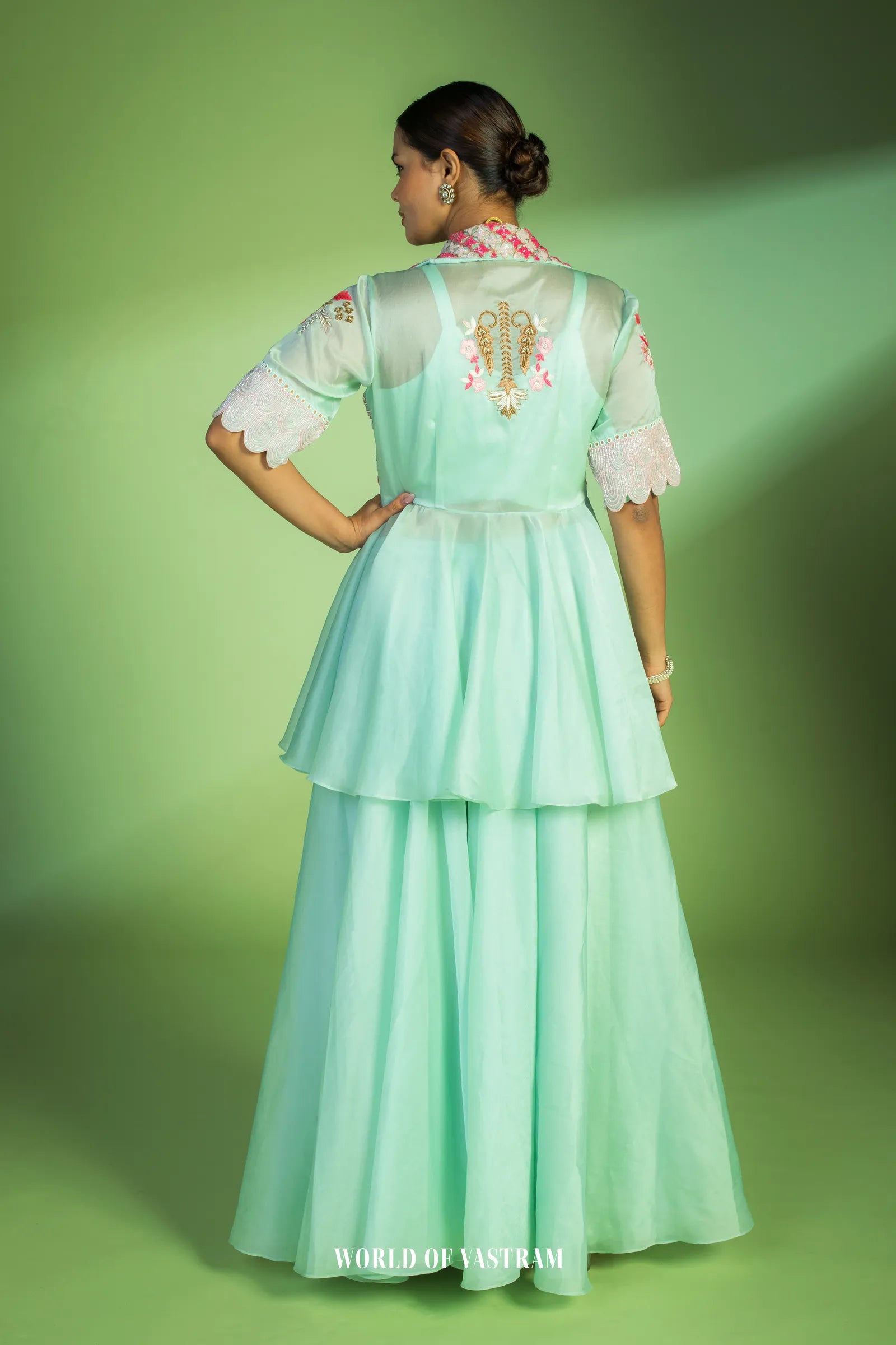 Pastel Blue Peplum Style Embroidered Dress
