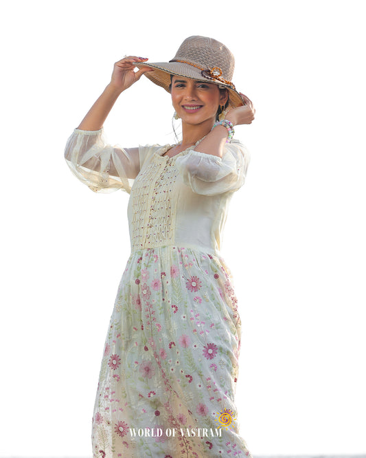 Off White Purple Floral Long Dress