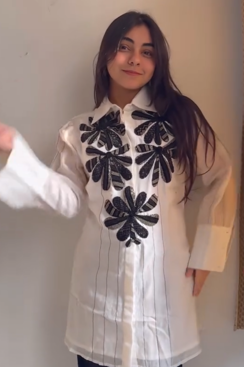 Black white  chanderi silk top