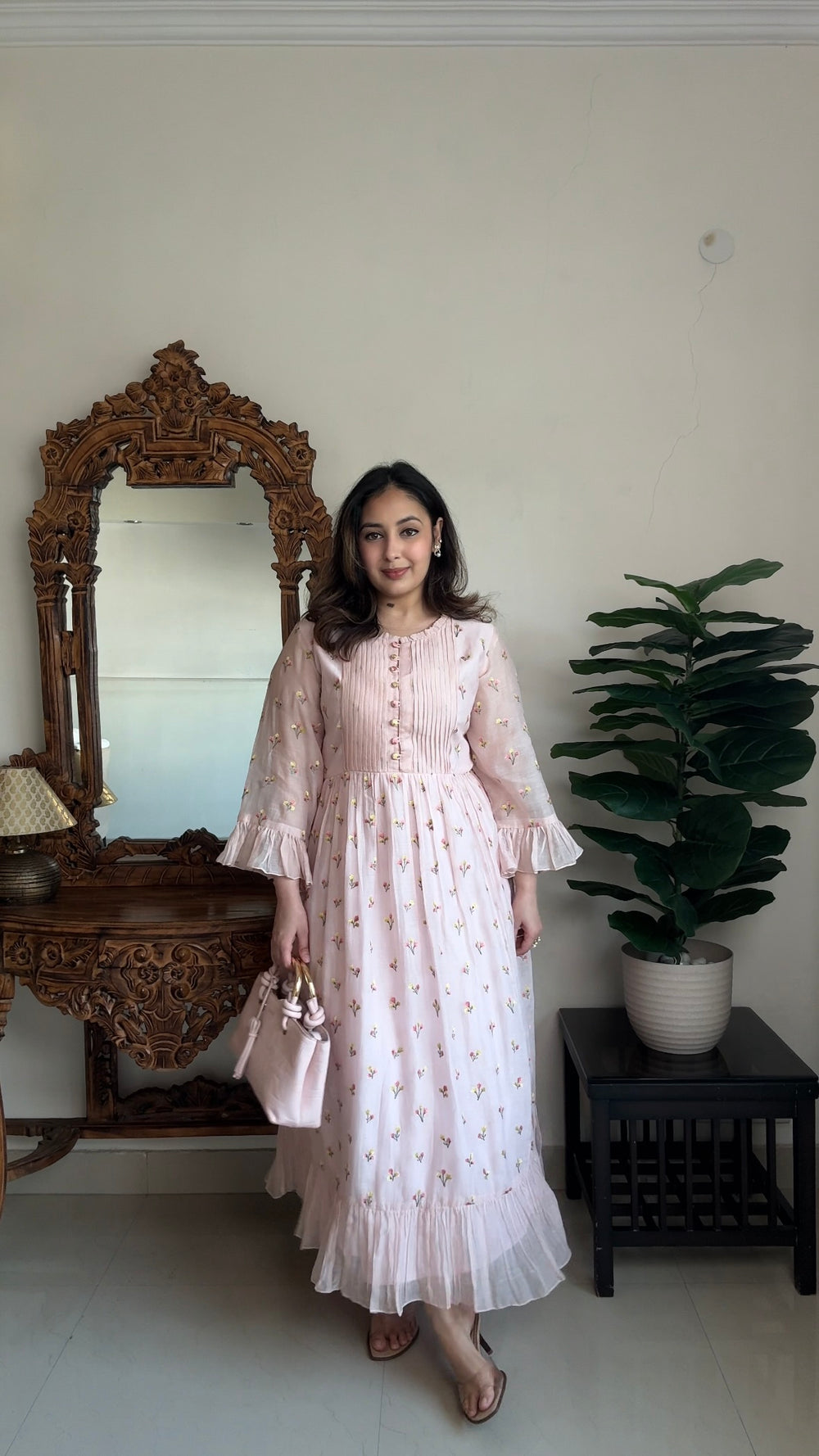 Shreya Sharma wearing blush Pink long dress