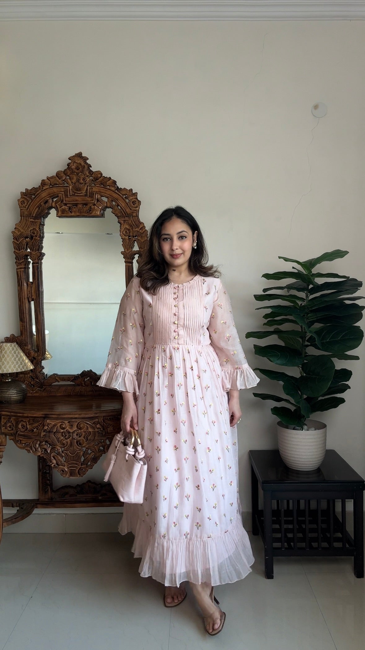 Shreya Sharma wearing blush Pink long dress