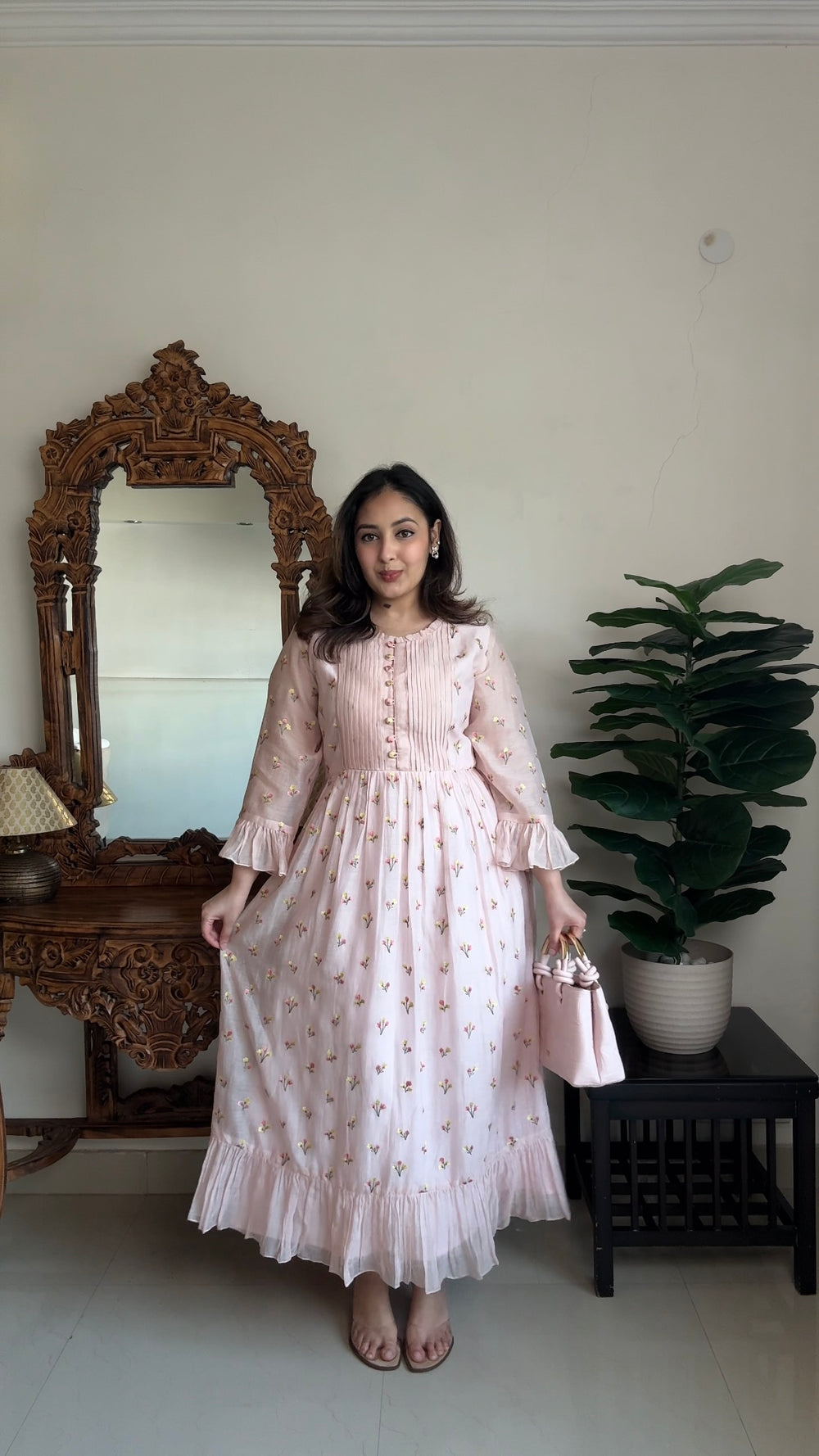 Shreya Sharma wearing blush Pink long dress
