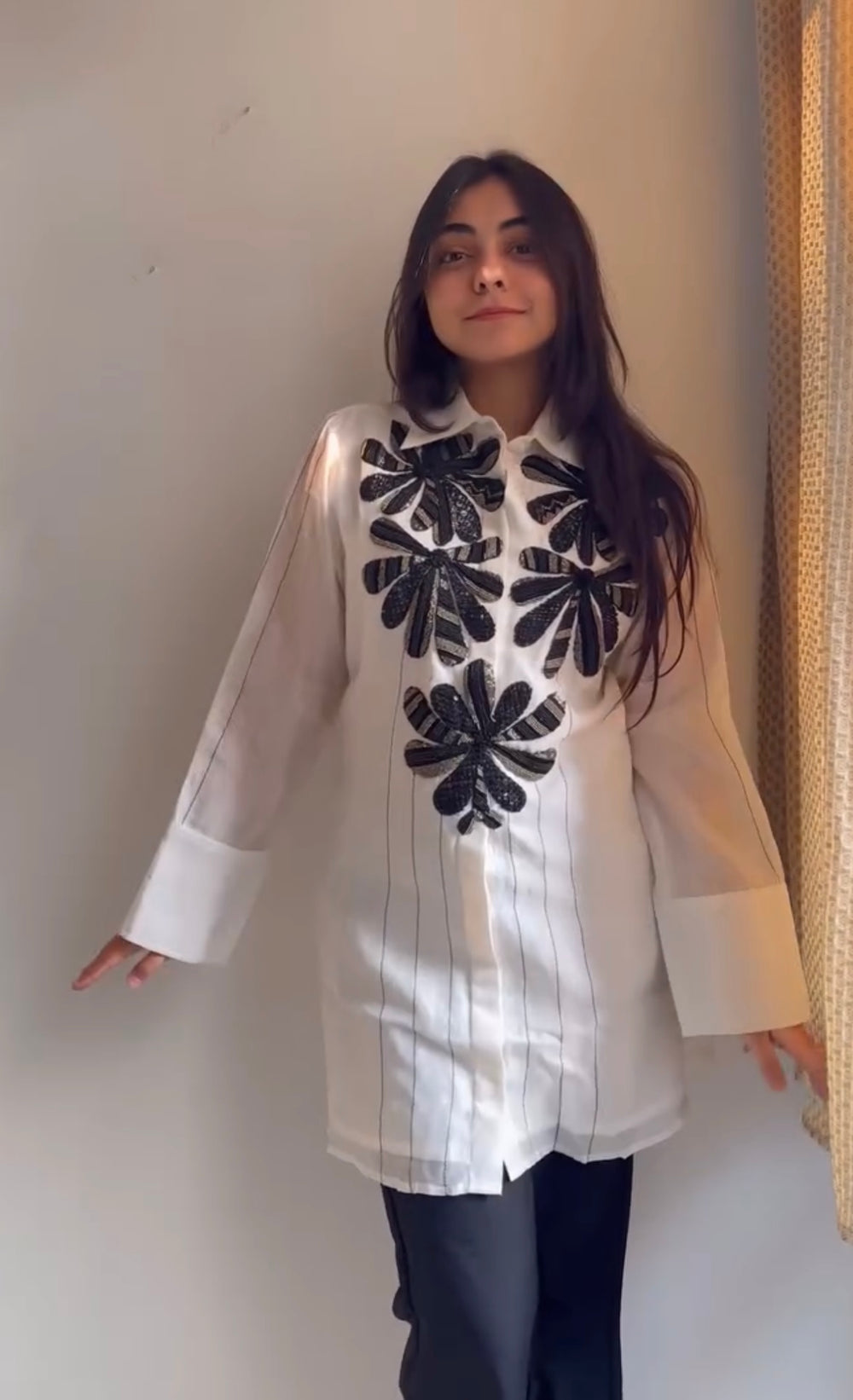 Black white  chanderi silk top