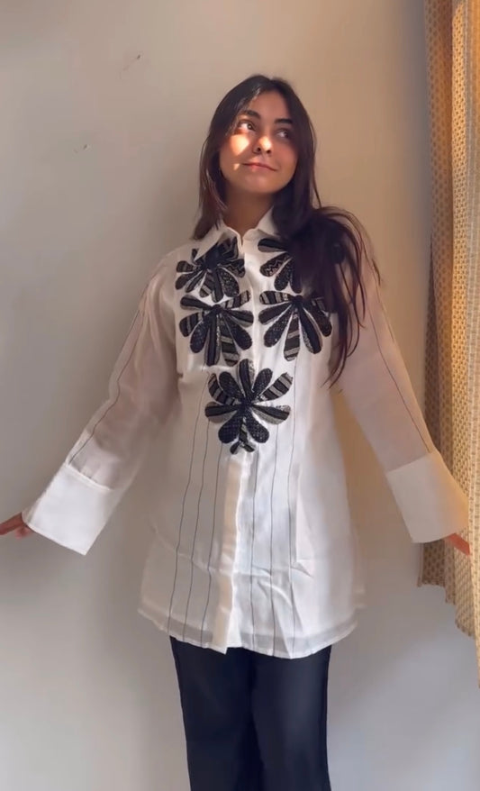 Black white  chanderi silk top
