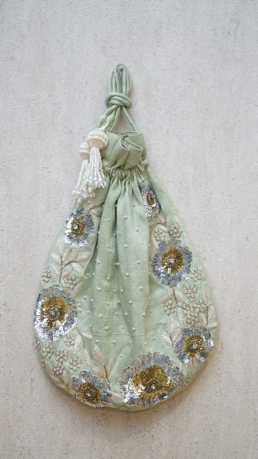 Pastel Green Floral Embroidery Potli