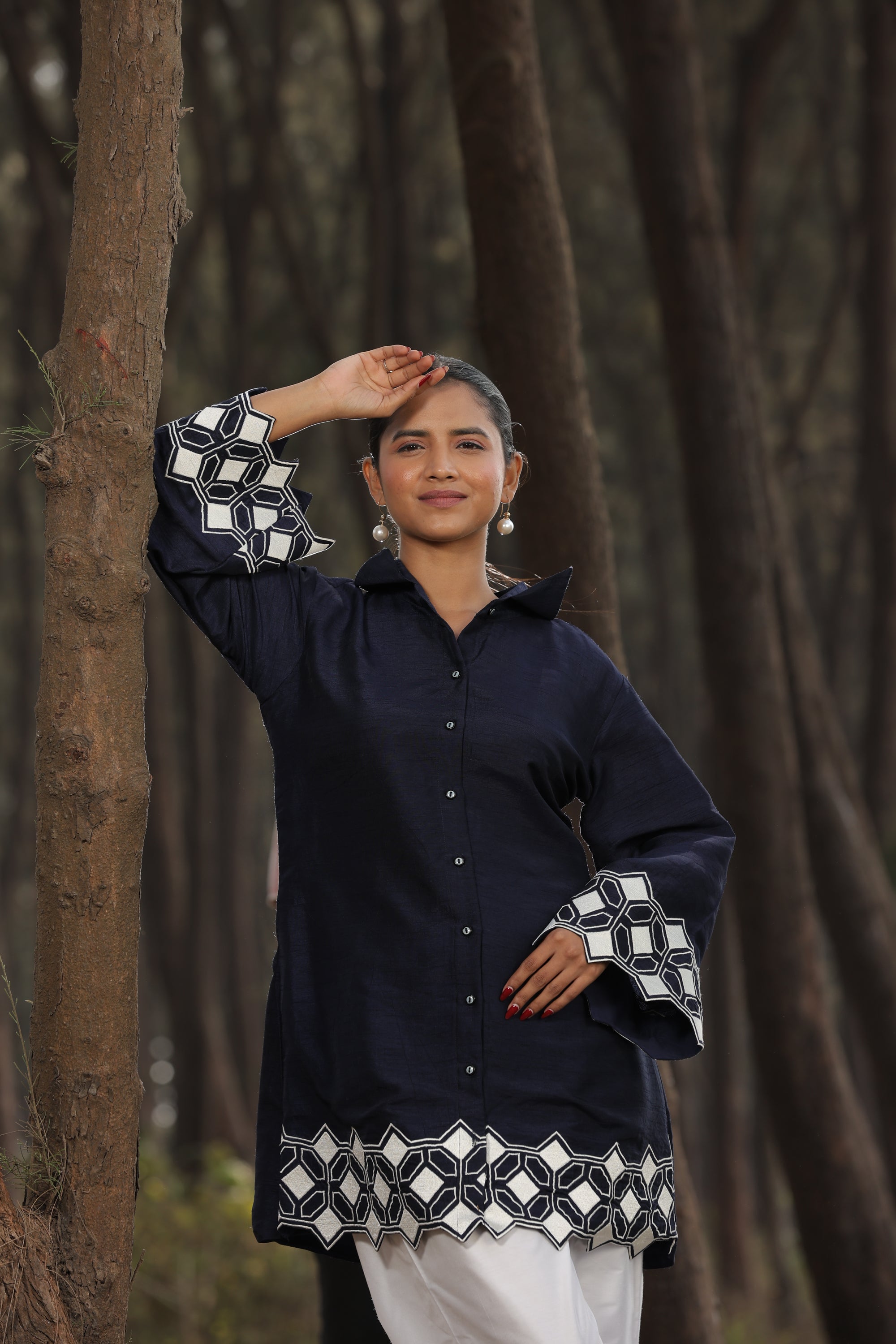 Midnight Navy Geometric Embroidered Top