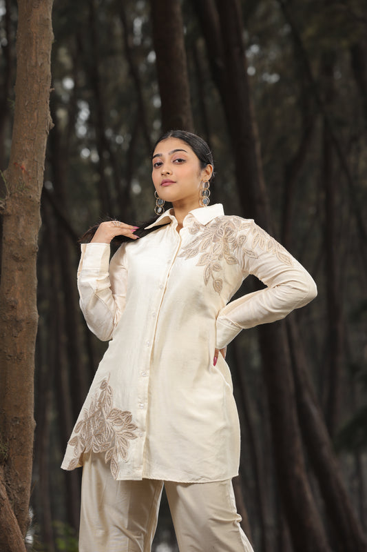 Ivory Floral Embroidered Shirt Top