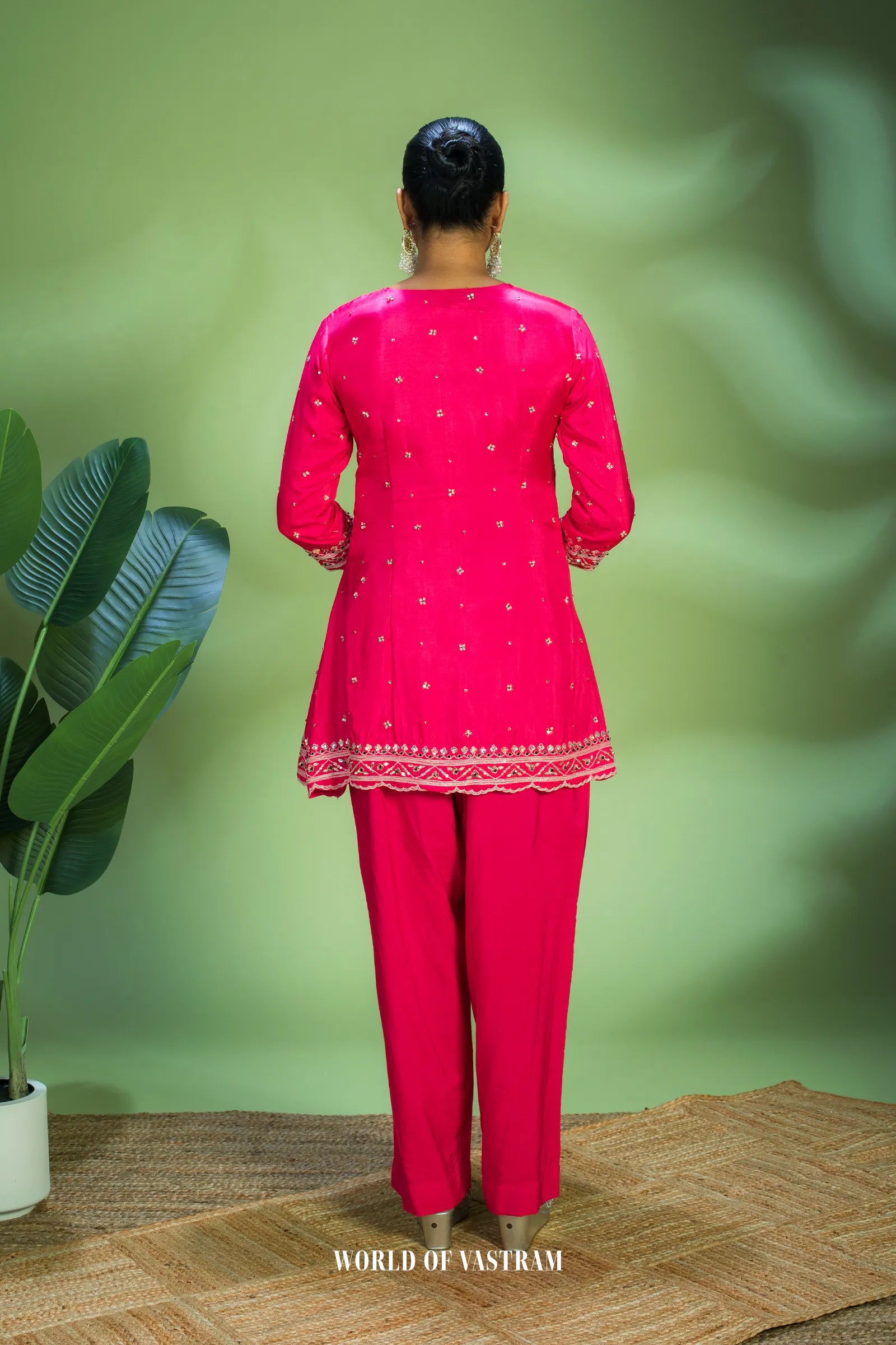 Hot-pink embroidered kurta set