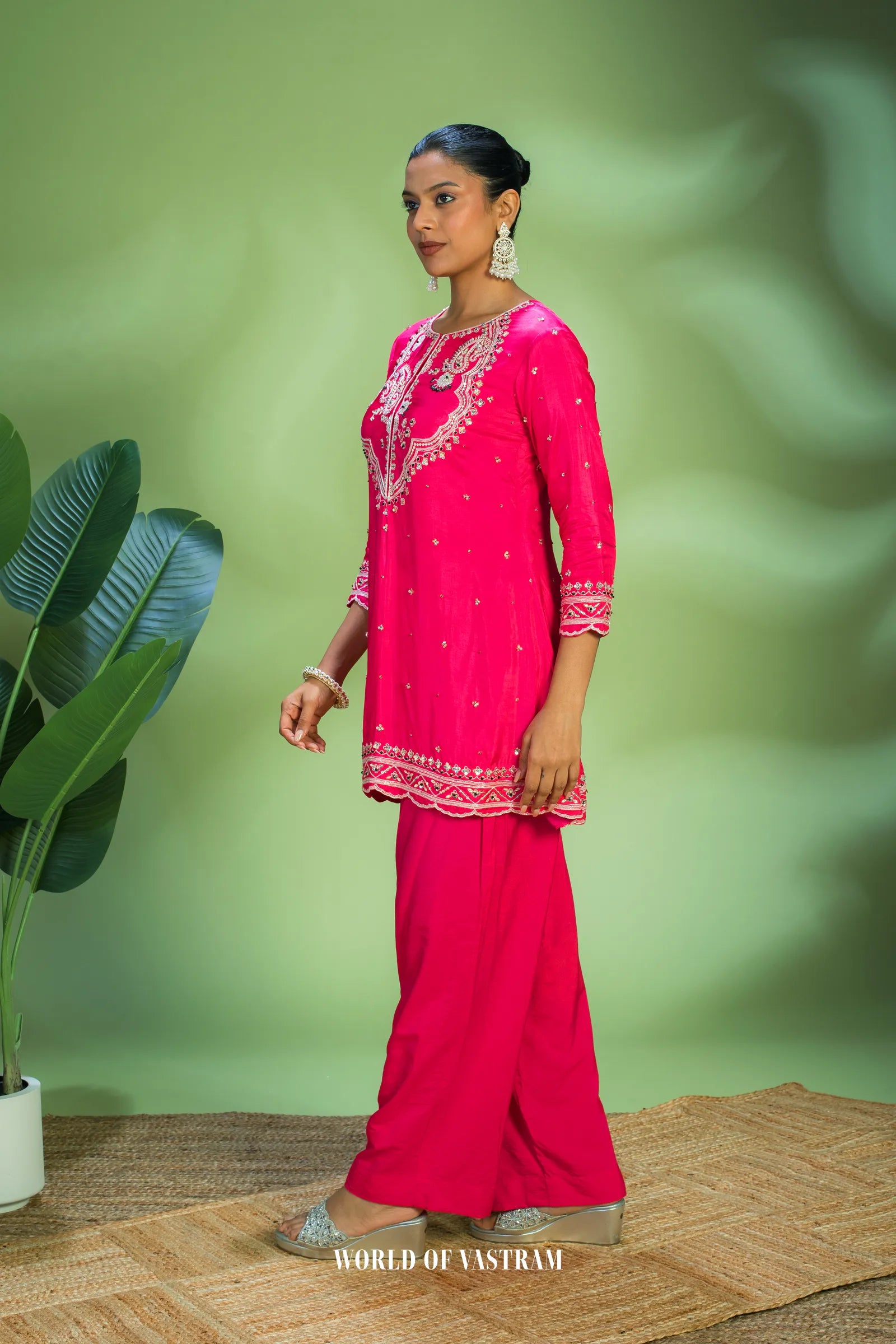 Hot-pink embroidered kurta set
