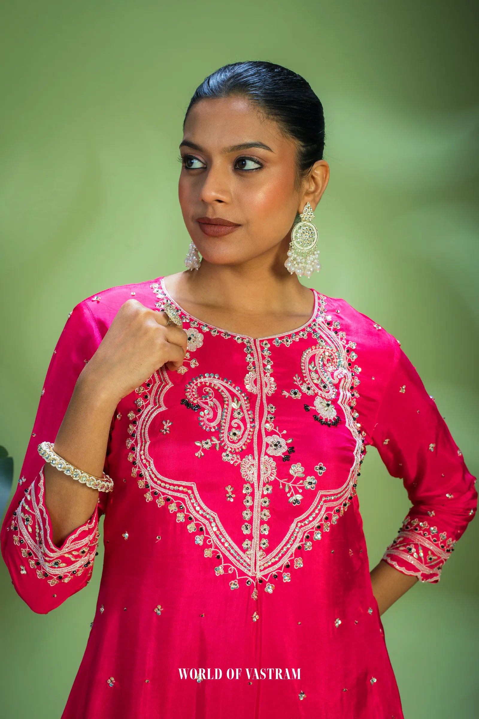 Hot-pink embroidered kurta set