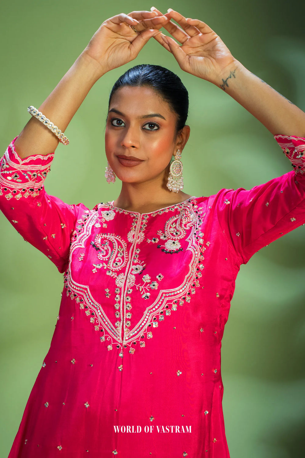 Hot-pink embroidered kurta set