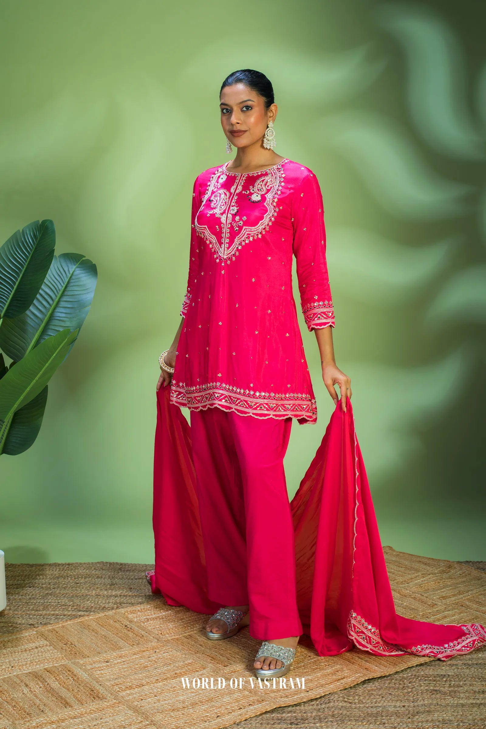 Hot-pink embroidered kurta set