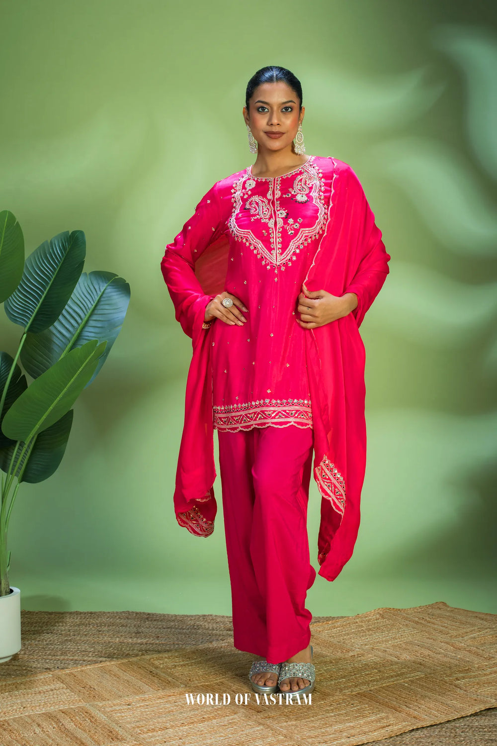 Hot-pink embroidered kurta set