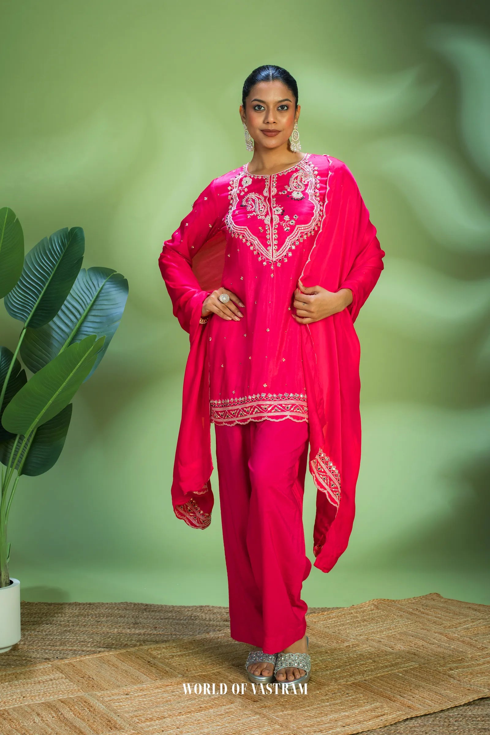 Hot-pink embroidered kurta set