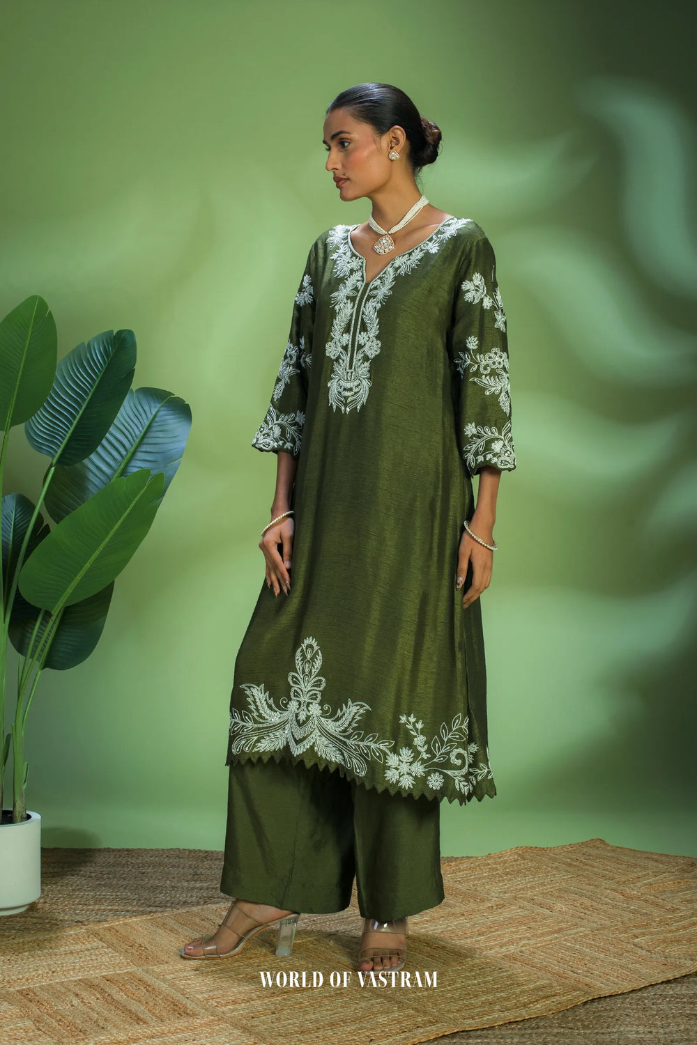 Olive Embroidered Kurta Set
