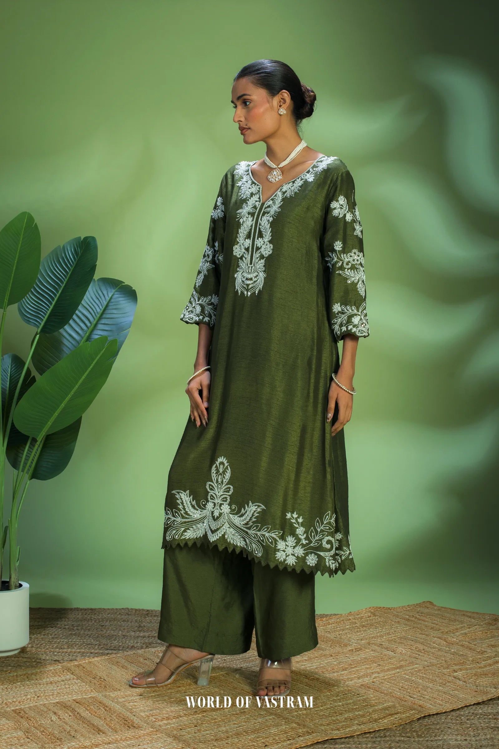 Olive Embroidered Kurta Set