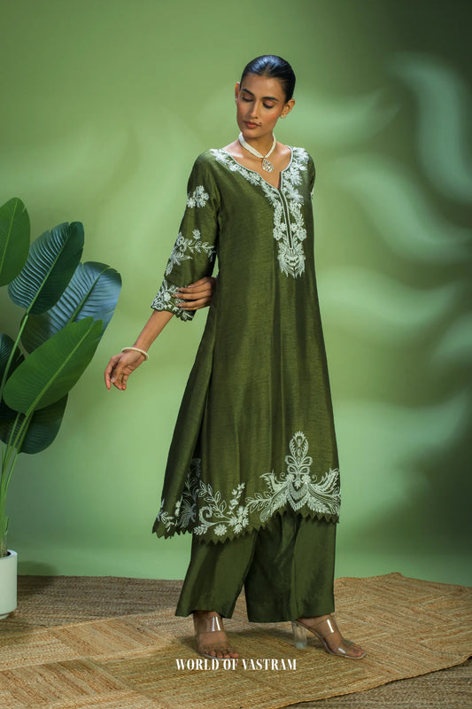 Olive Embroidered Kurta Set