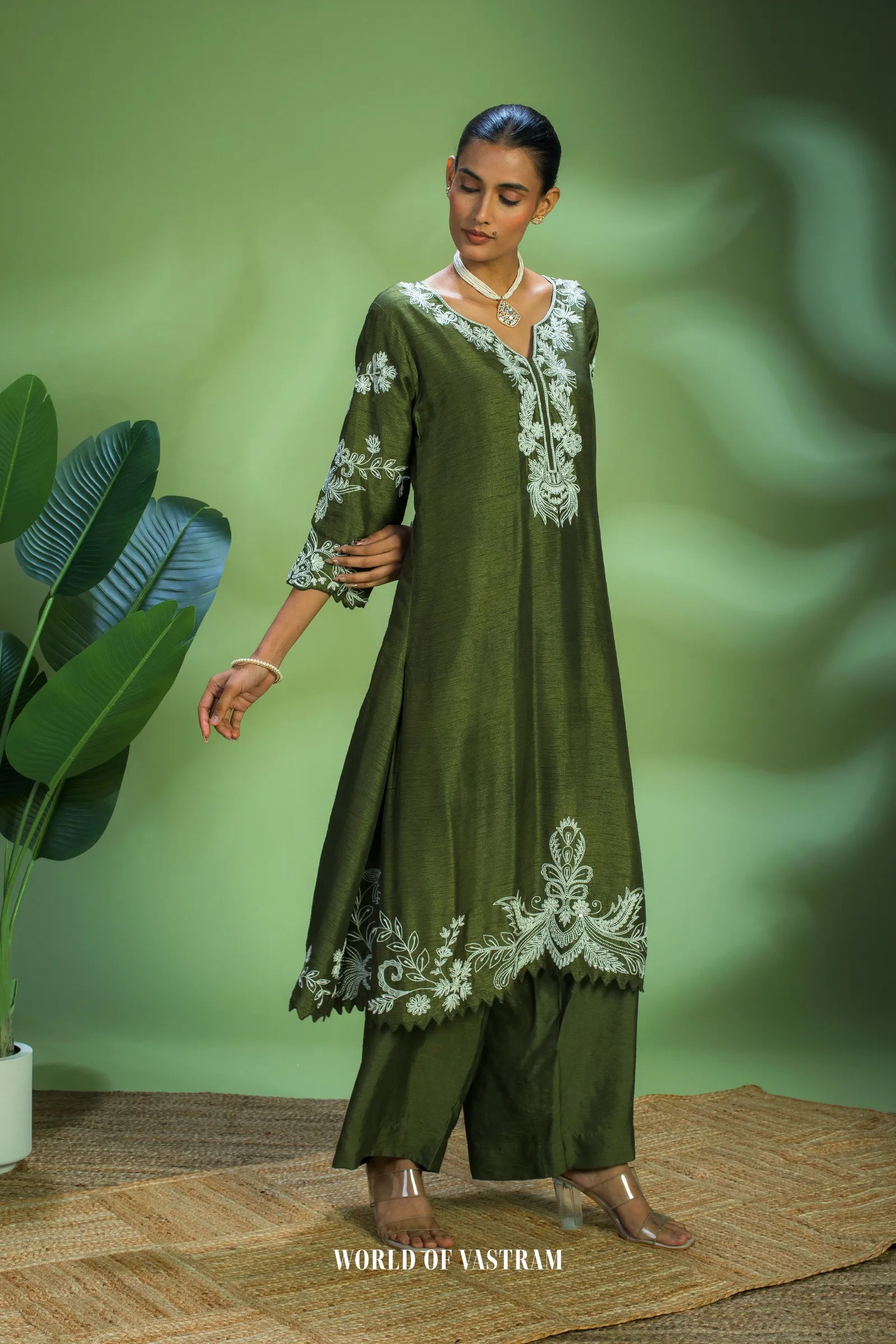 Olive Embroidered Kurta Set