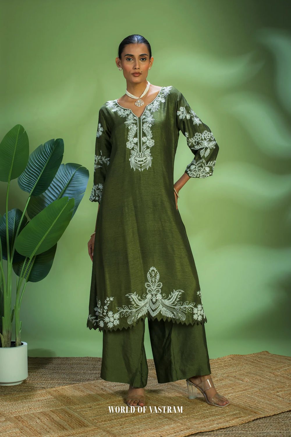 Olive Embroidered Kurta Set