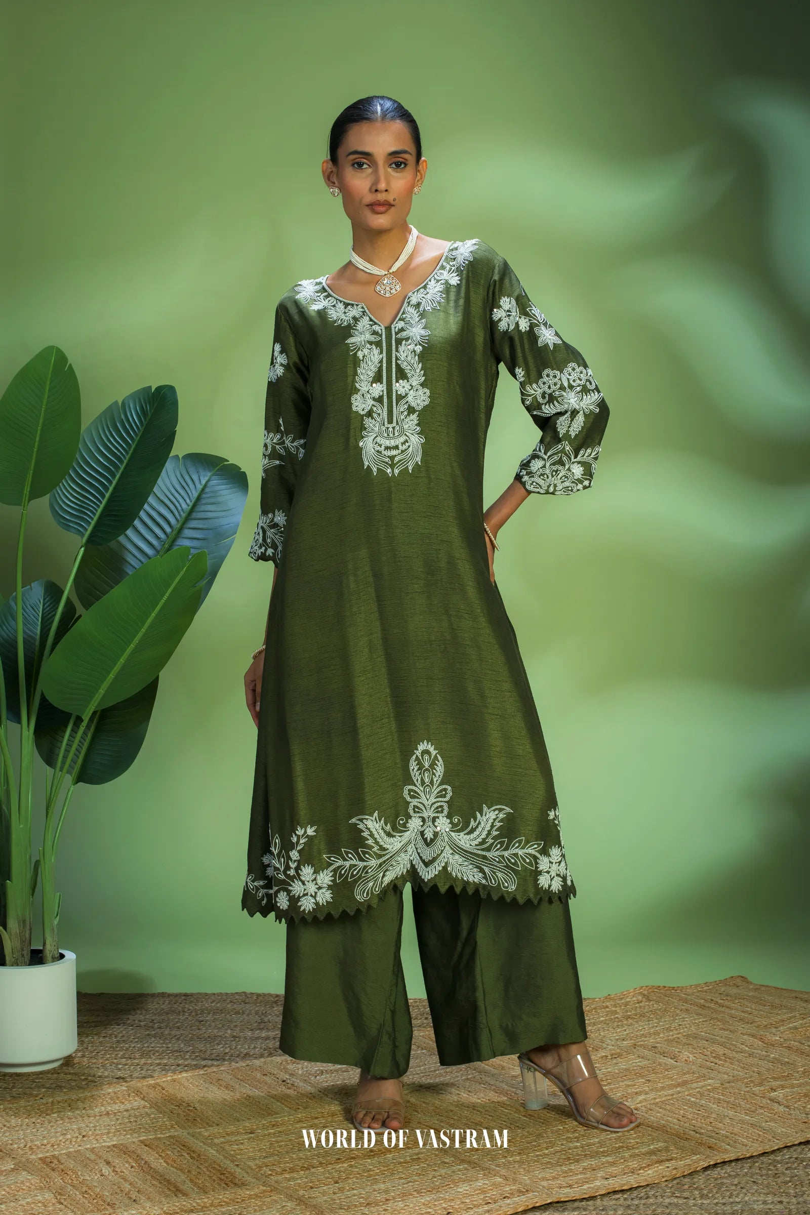 Olive Embroidered Kurta Set