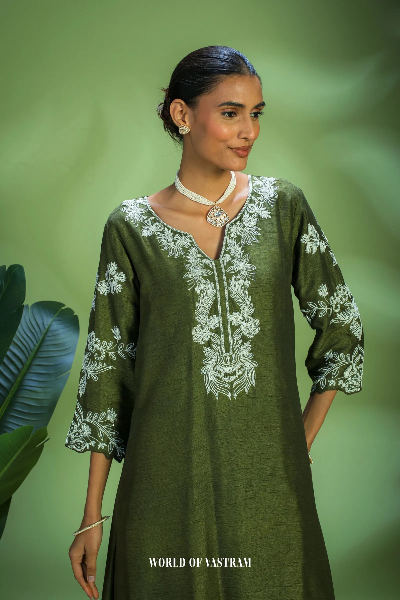 Olive Embroidered Kurta Set