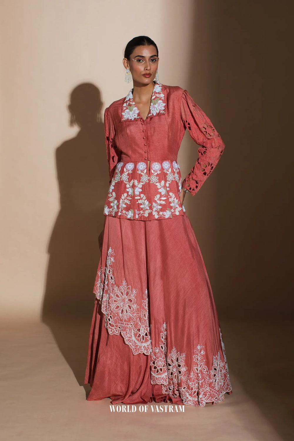 Brick red dupien silk top with dupien silk lehenga