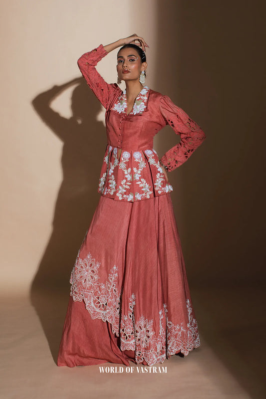 Brick red dupien silk top with dupien silk lehenga