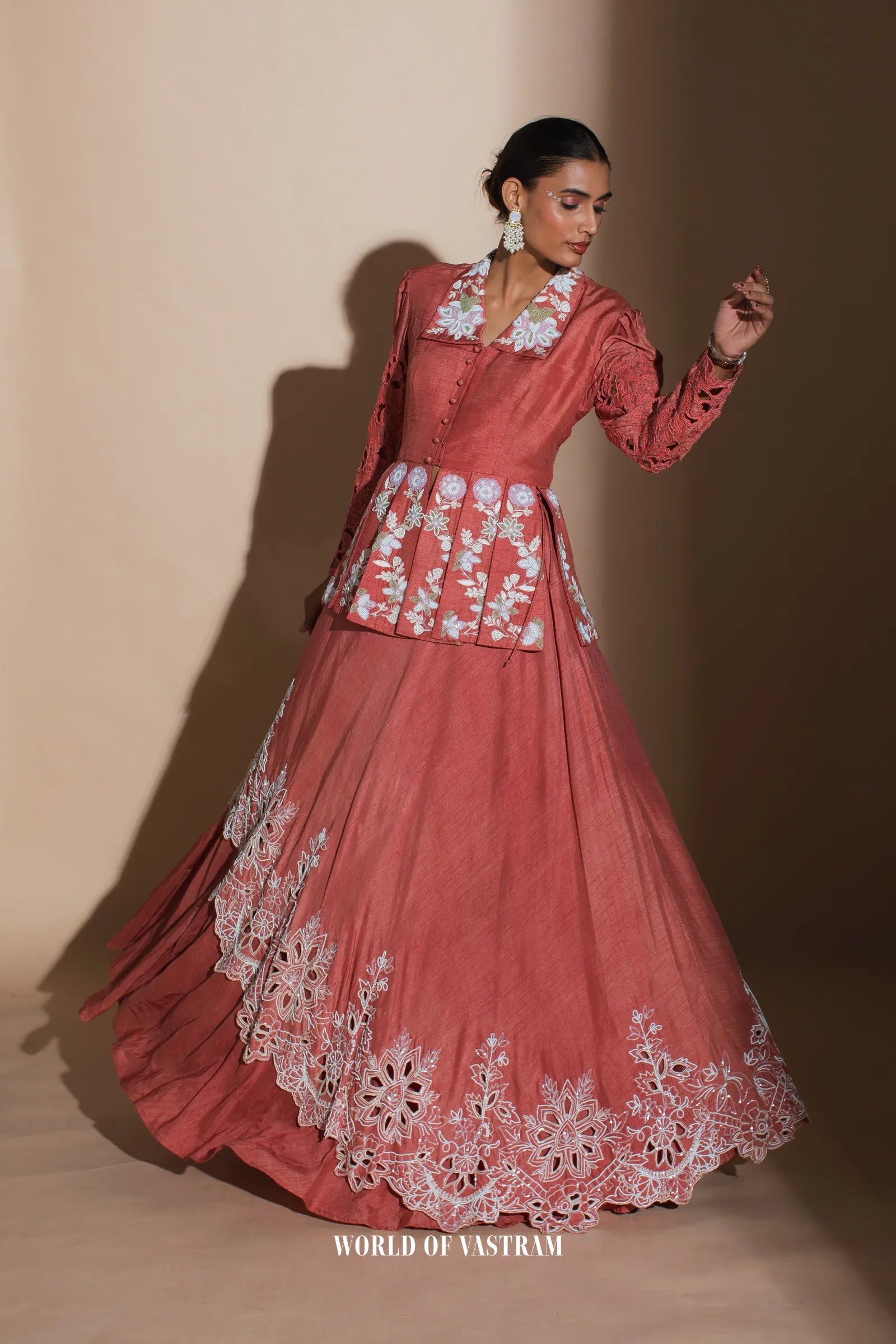 Brick red dupien silk top with dupien silk lehenga