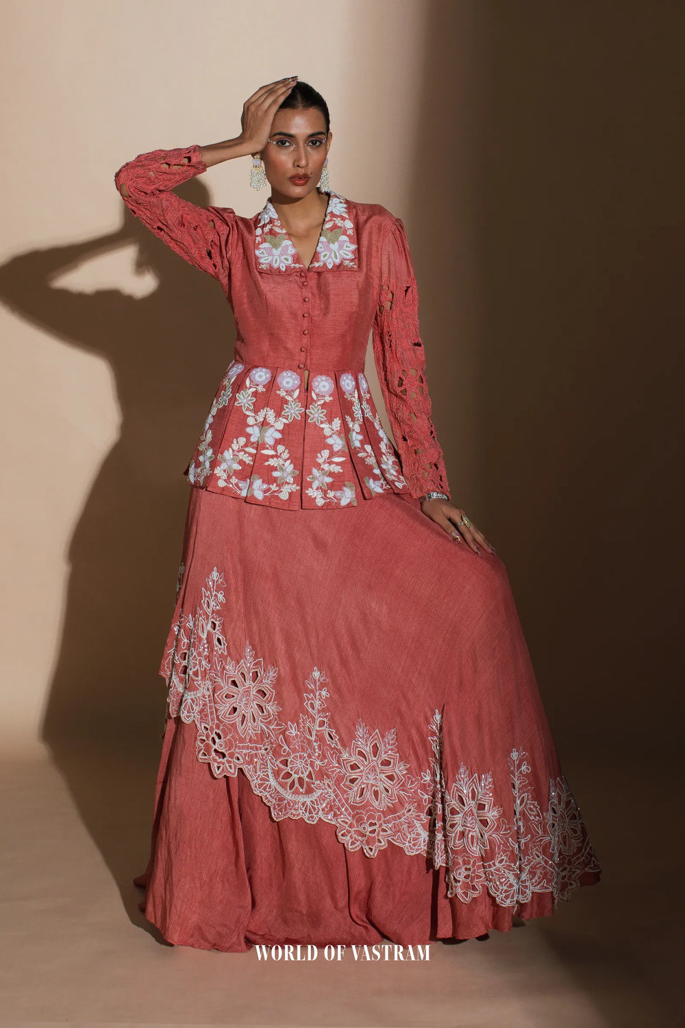 Brick red dupien silk top with dupien silk lehenga