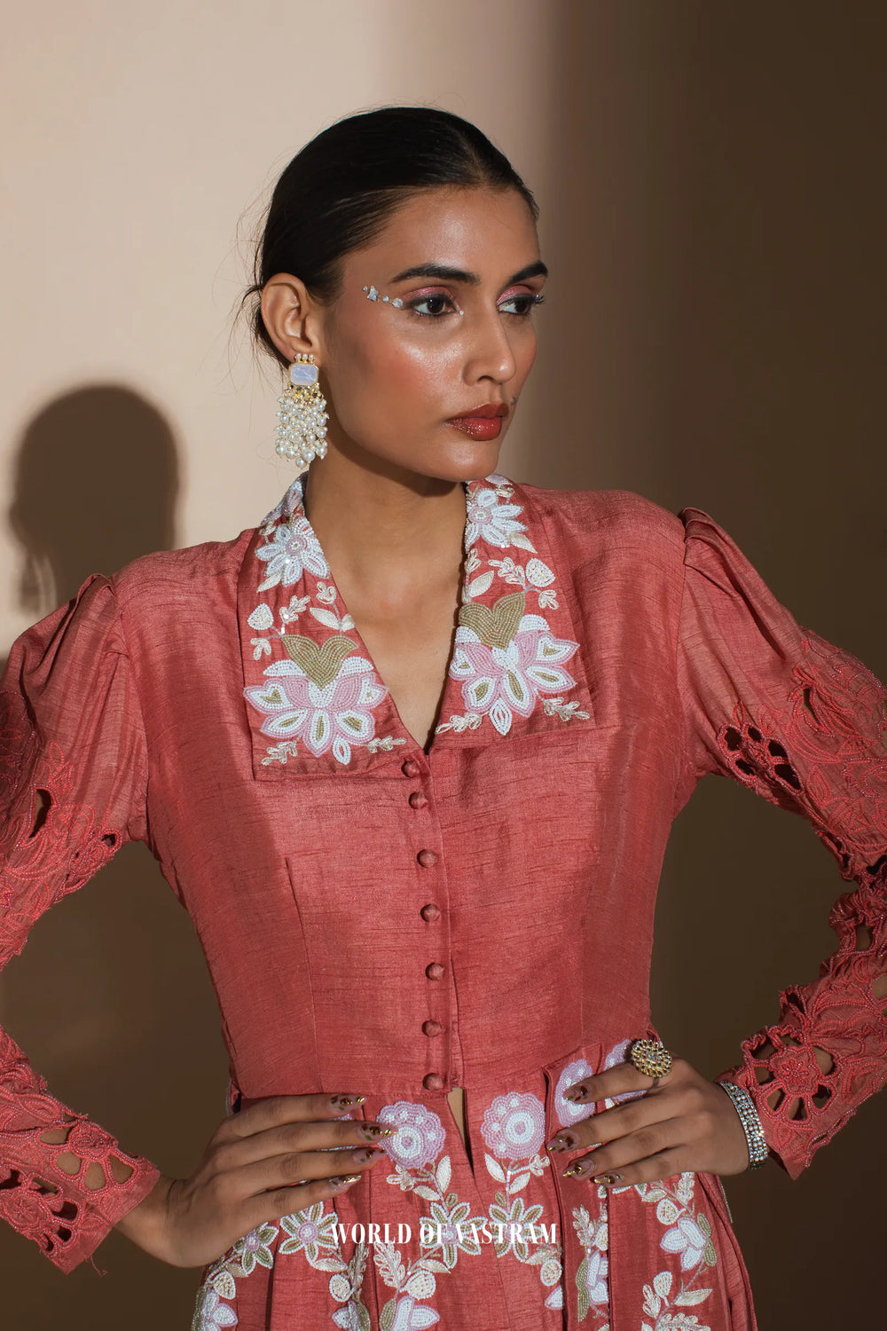 Brick red dupien silk top with dupien silk lehenga