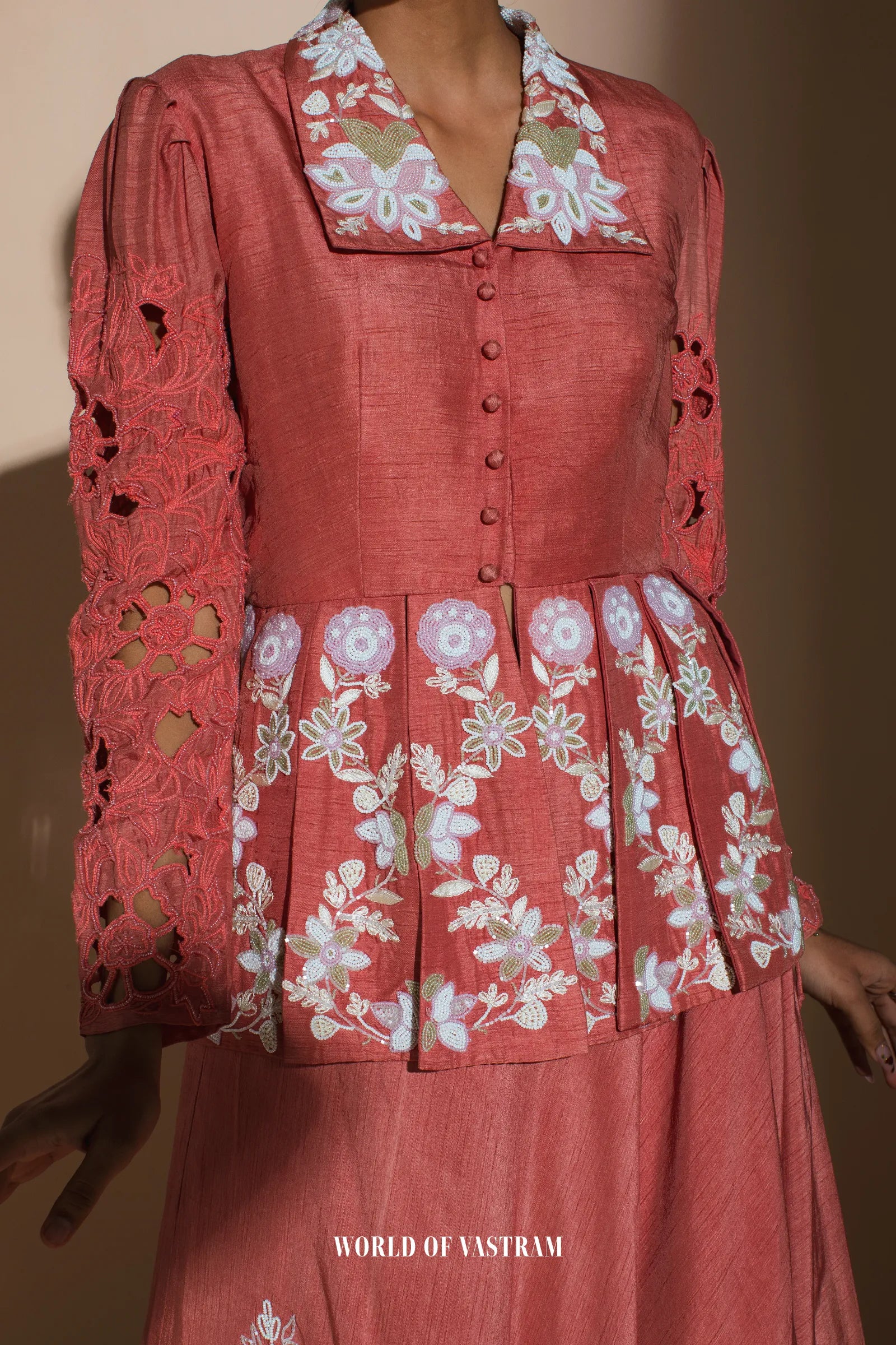 Brick red dupien silk top with dupien silk lehenga