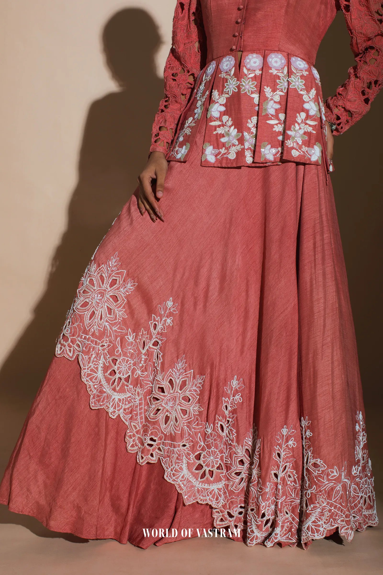 Brick red dupien silk top with dupien silk lehenga