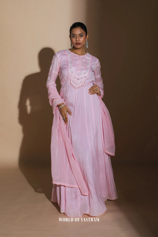 Bright Pink Embroidered Anarkali + Dupatta
