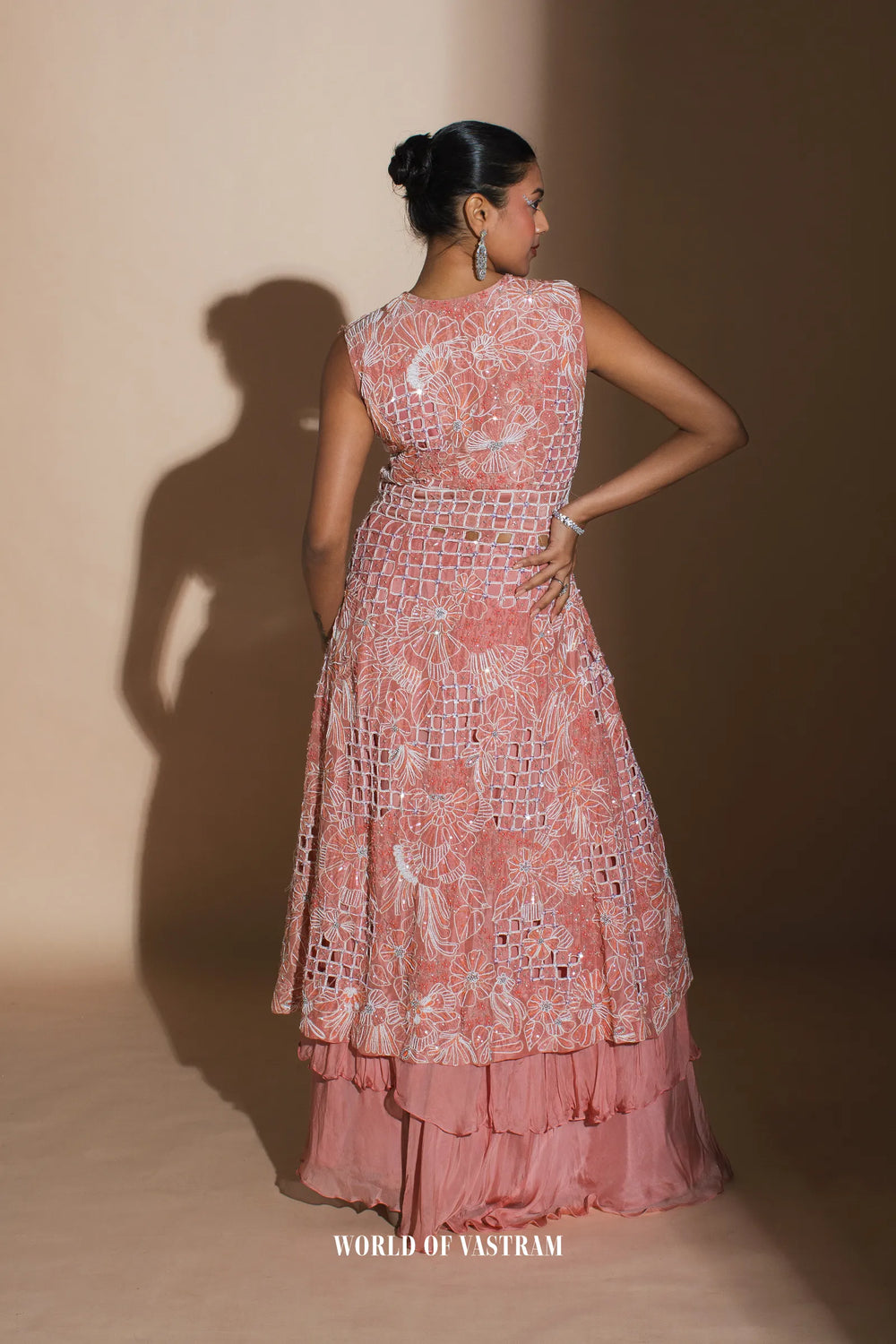 Peach upada silk  top with  flat chifforn lehenga set