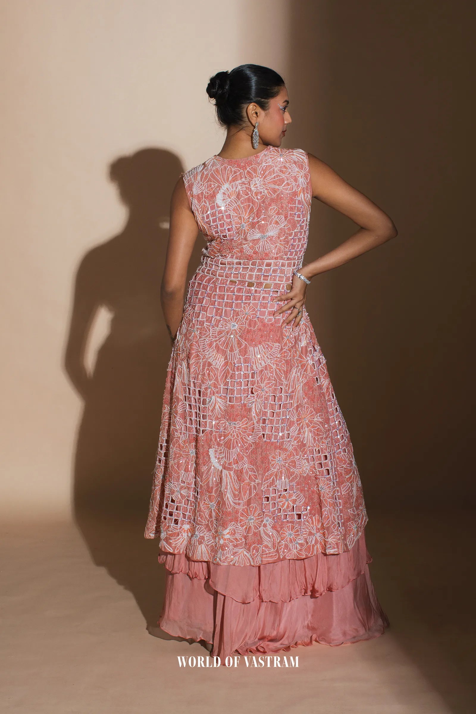 Peach upada silk  top with  flat chifforn lehenga set