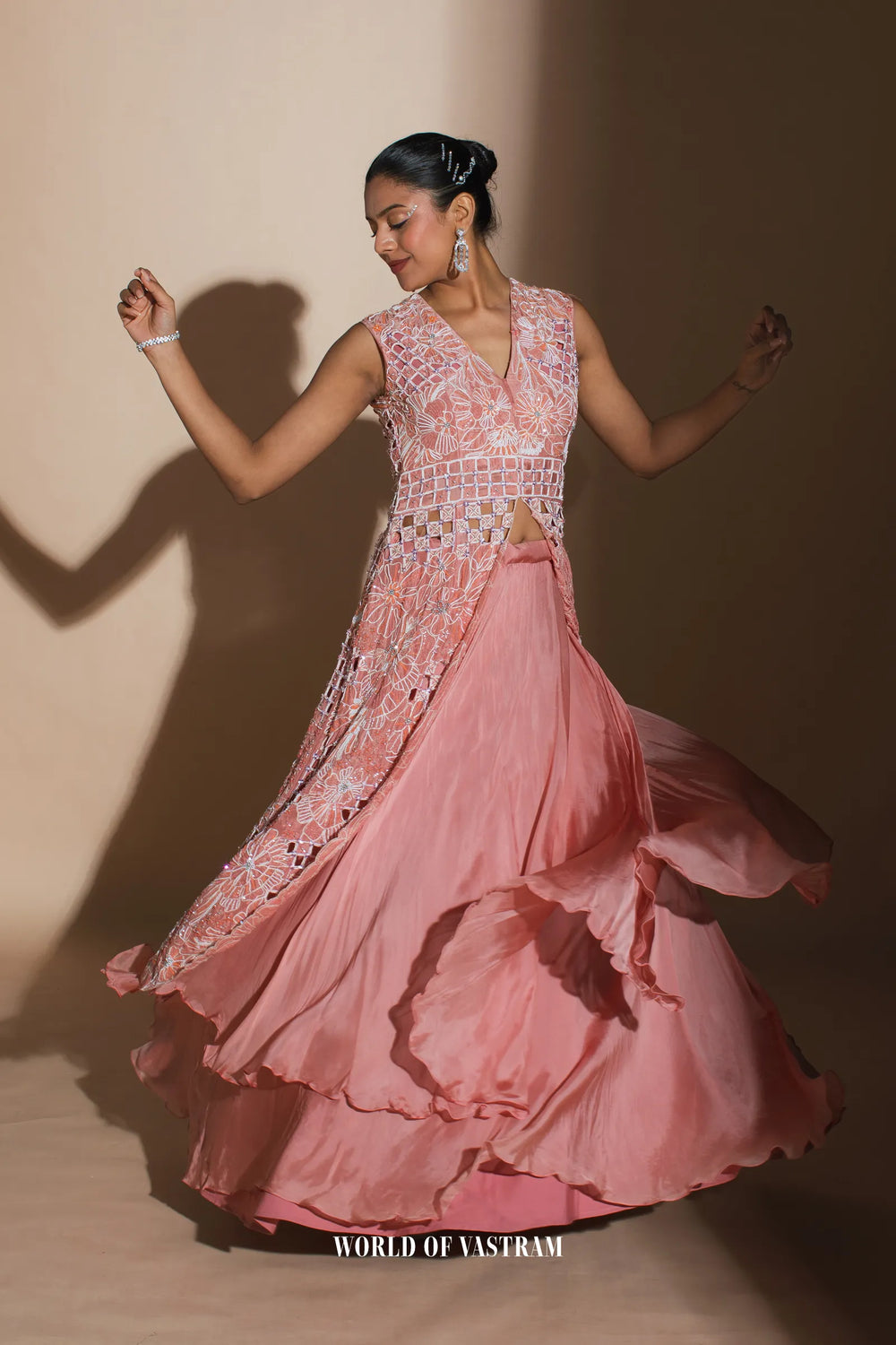 Peach upada silk  top with  flat chifforn lehenga set