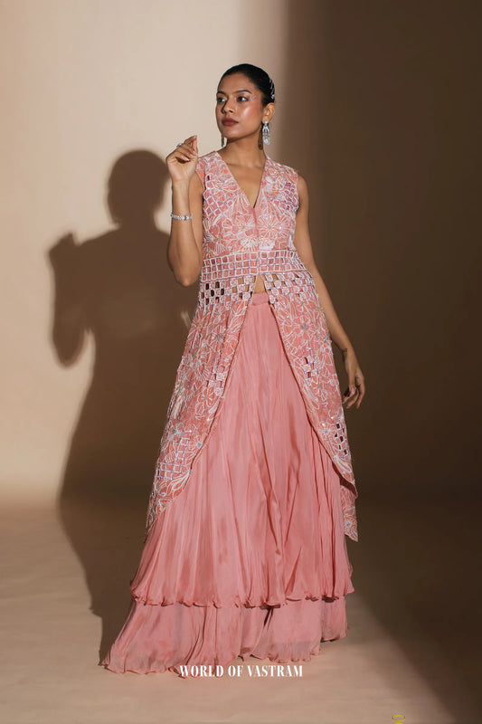 Peach upada silk  top with  flat chifforn lehenga set