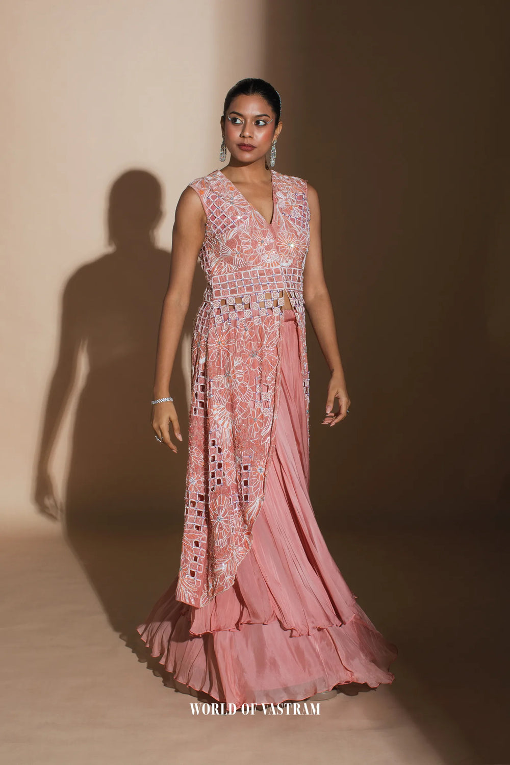 Peach upada silk  top with  flat chifforn lehenga set