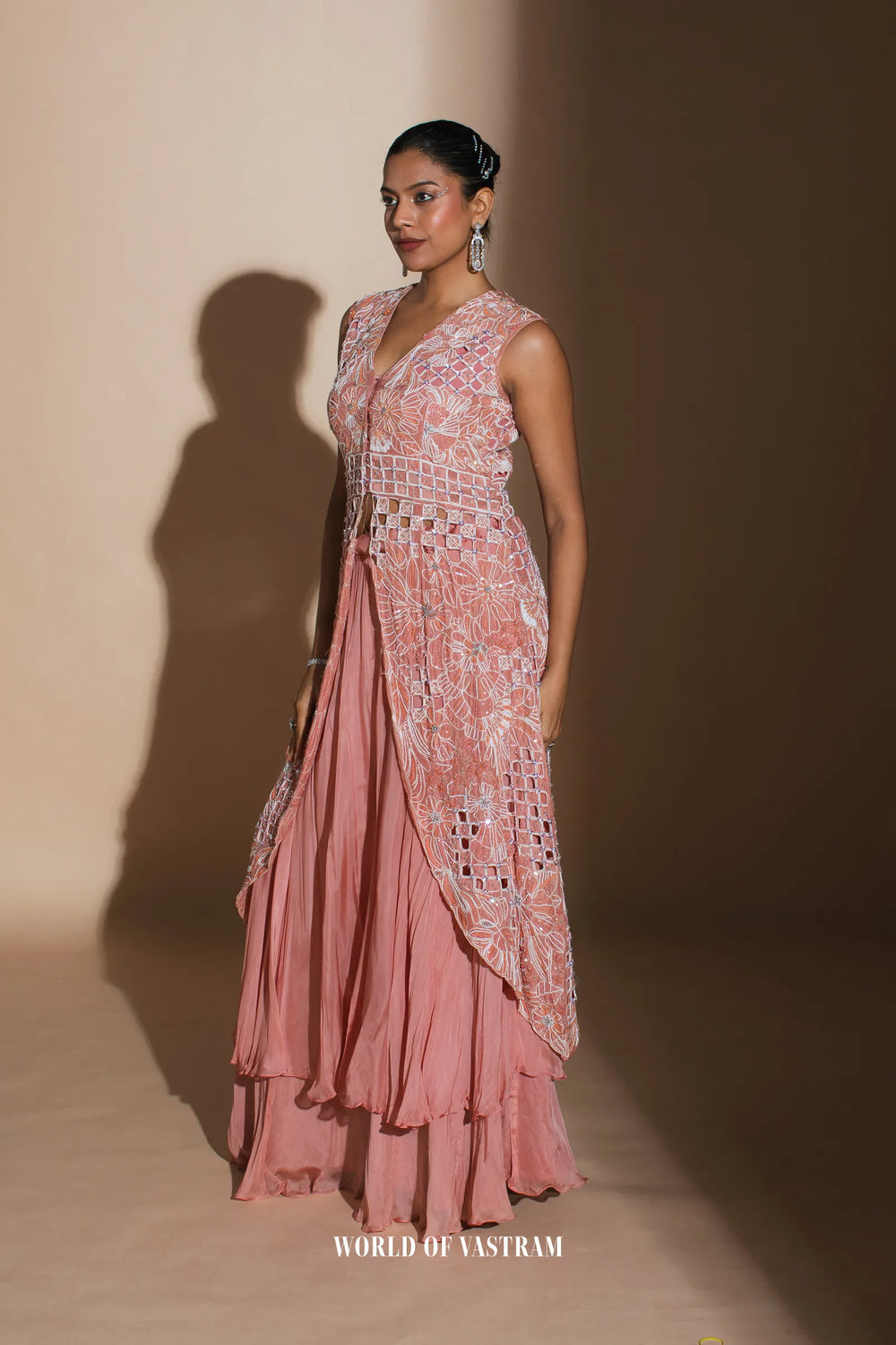 Peach upada silk  top with  flat chifforn lehenga set