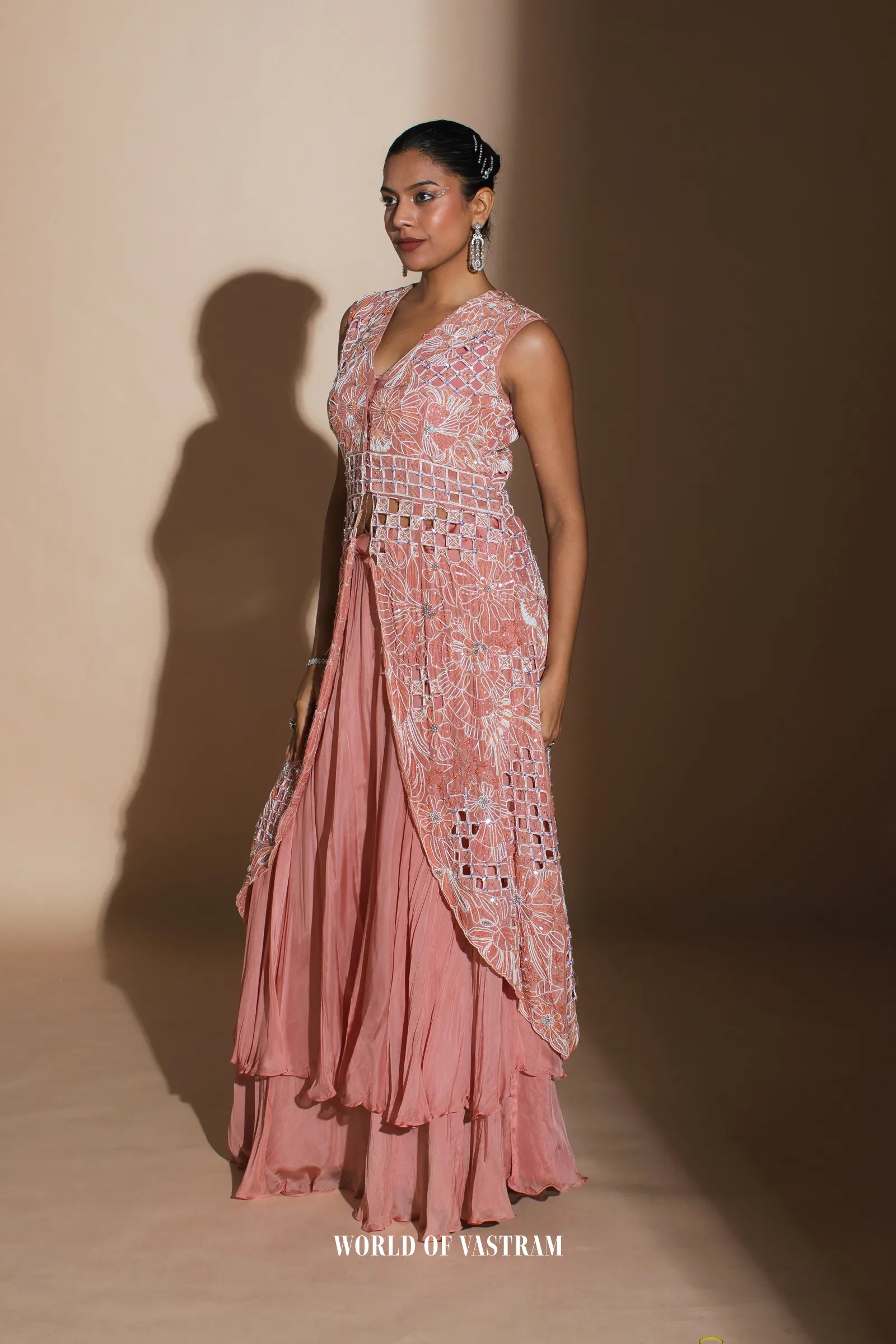 Peach upada silk  top with  flat chifforn lehenga set